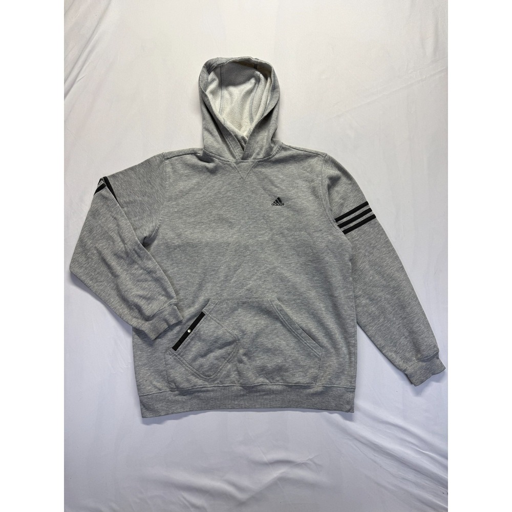 Vintage‎ Adidas Hoodie Youth XL Heather Gray Black 3 Stripes Ribbed Gym Training